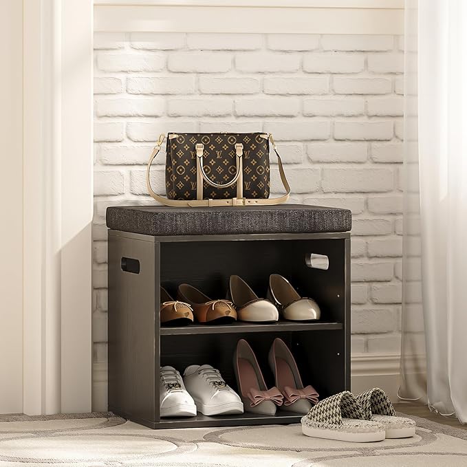 Bamboo Small Shoe Bench for Entryway 2 Tier Shoe Storage Bench with Cushion Adjustable Shoe Rack with Padded Seat for Living Room Hallway (Antique Black)