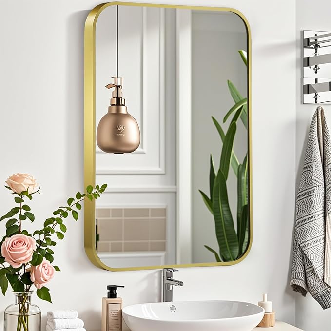 22x30 Inch Gold Mirror, Framed Rectangle Mirror with Rounded Corner, Brushed Brass Mirror, Gold Bathroom Mirror for Over Sink, Vanity, Living Room, Bedroom, Horizontal/Vertical