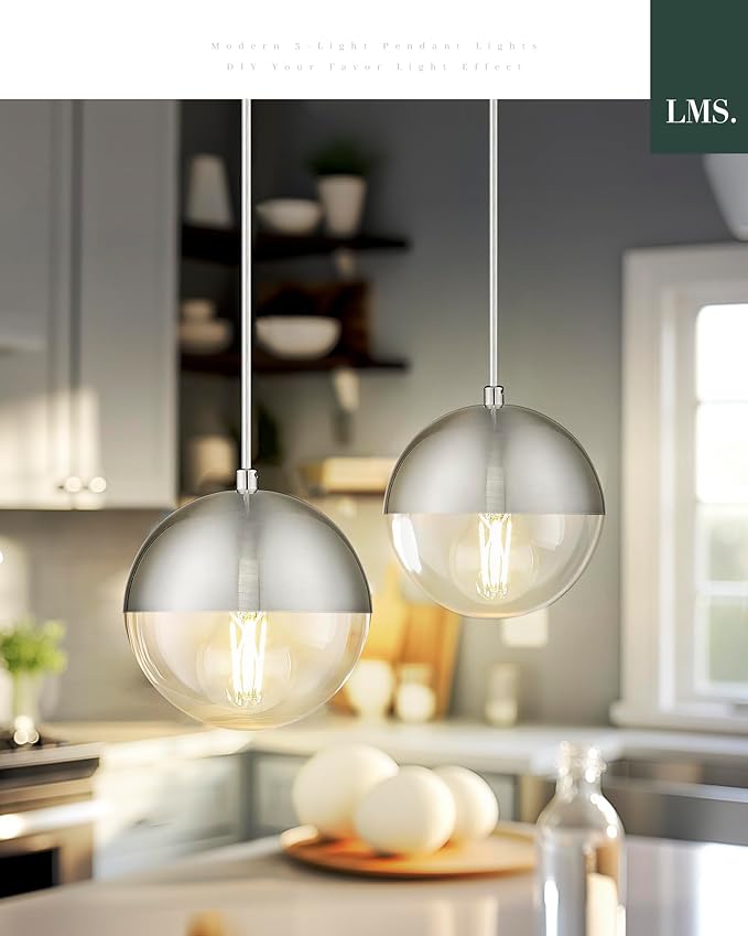LMS 6-inch Industrial Pendant Light, Brushed Nickel Hanging Light Kitchen Island with Clear Globe Glass, Adjustable Hanging Pendant Light Fixtures for Dining Room Living Room Guest Room, LMS-186BNCS