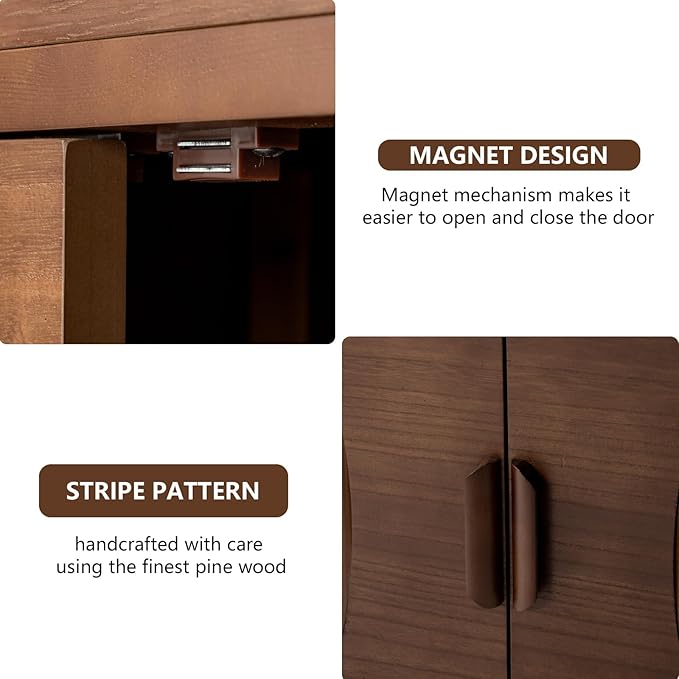 COSIEST Set of 2 30" Storage Sideboards with Doors, Accent Cabinets with Magnetic Push-to-Open Doors, Brown Line Pattern, Entryway Console for Living Room, Kitchen, Hallway