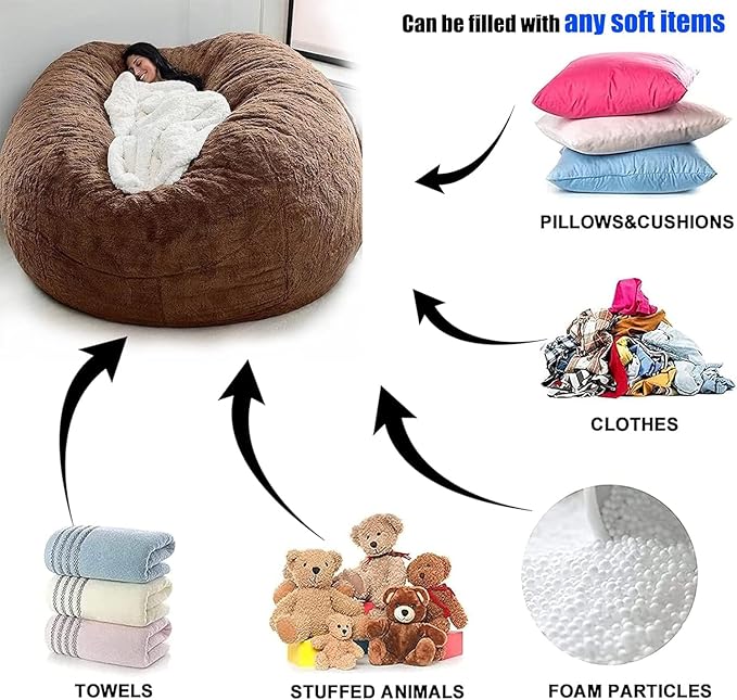 Giant Fur Bean Bag Chair Cover for Kids Adults, (No Filler) Living Room Furniture Big Round Soft Fluffy Faux Fur Beanbag Lazy Sofa Bed Cover (Grey, 3FT)