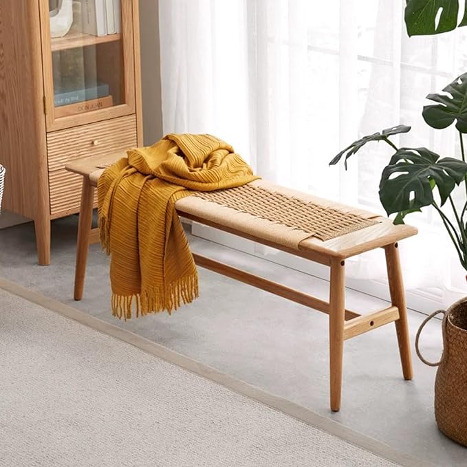 Solid Wood Entryway Bench, Wooden Dining Bench Stool w/Hand-Woven Top, End of Bed Benches for Bedroom Kitchen Dining Living Room & Entry Décor (Natural, 31.49" L)