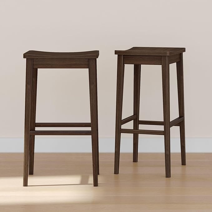 Plank+Beam Smythe Bar Stool, 30", Set of 2, Sturdy Wood Modern Kitchen Counter Height Stool, Saddle Seat Backless Counter Chair, Metal Footrest, Walnut