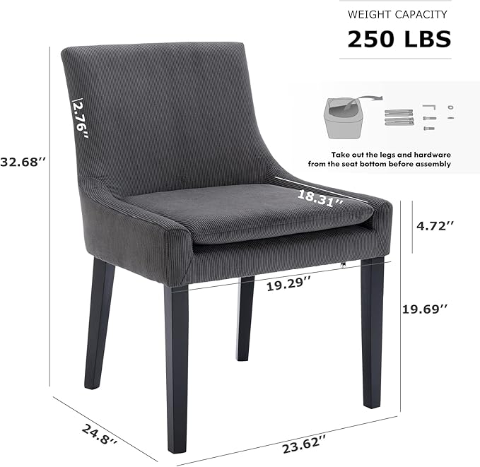 COLAMY Modern Dining Chairs Set of 2, Upholstered Corduroy Accent Side Leisure Chairs with Mid Back and Wood Legs for Living Room/Dining Room-Grey