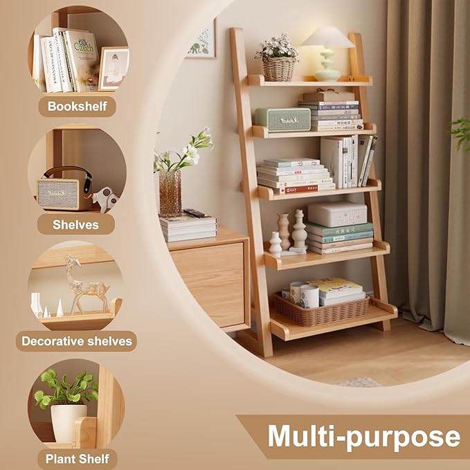 5-Tier Ladder Bookshelf, H 55" Leaning Bookshelf Storage Rack Organizer, Wooden Ladder Shelf Bookcase for Living Room, Home Office and Bedroom, Wood Color