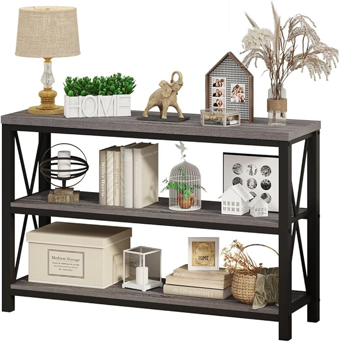 BON AUGURE Rustic Sofa Table Behind Couch, Industrial Console Tables for Entryway, 3 Tier Wood Shelves Entry Table with Storage for Foyer, Hallway, Front Door (47 Inch, Dark Grey Oak)