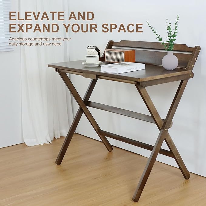 Folding Desk No Assembly Required Small Size, Foldable Computer Desk with Shelf for Home Office, Space Saving Portable Laptop Study Foldable Table for Small Spaces,Walnut Color