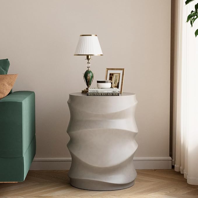 COSIEST Set of 2 Outdoor Side Table, 2 Pieces Concrete Table for Patio, Streamlined Lightweight Accent Decorative Patio Garden Stools, Plant Stand Drum Table, Round, Grey