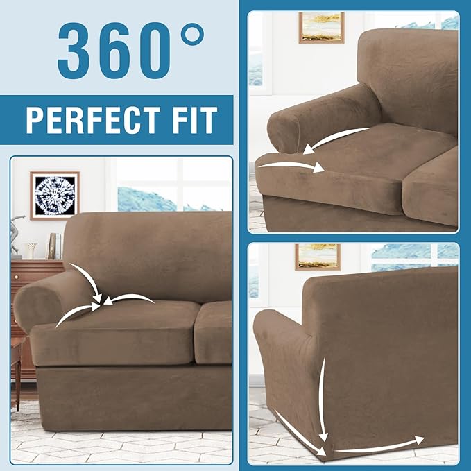 H.VERSAILTEX Sofa Cover 4 Piece T Cushion Sofa Slipcovers Thick Velvet Couch Cover Stretch T Cushion Sofa Covers for 3 Cushion Couch with 3 Individual T Cushion Covers, Mocha