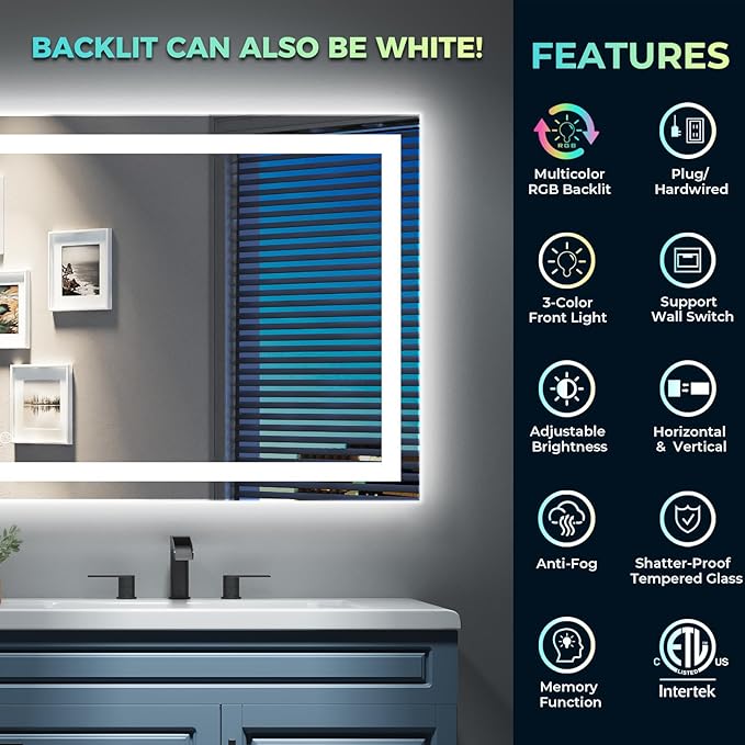 40x30 Inch RGB LED Bathroom Mirror Front Light and RGB Backlit Lighted Vanity Mirror for Bathroom Wall Mounted Dimmable Anti Fog Memory Shatter-Proof IP54 Waterproof Horizontal/Vertical