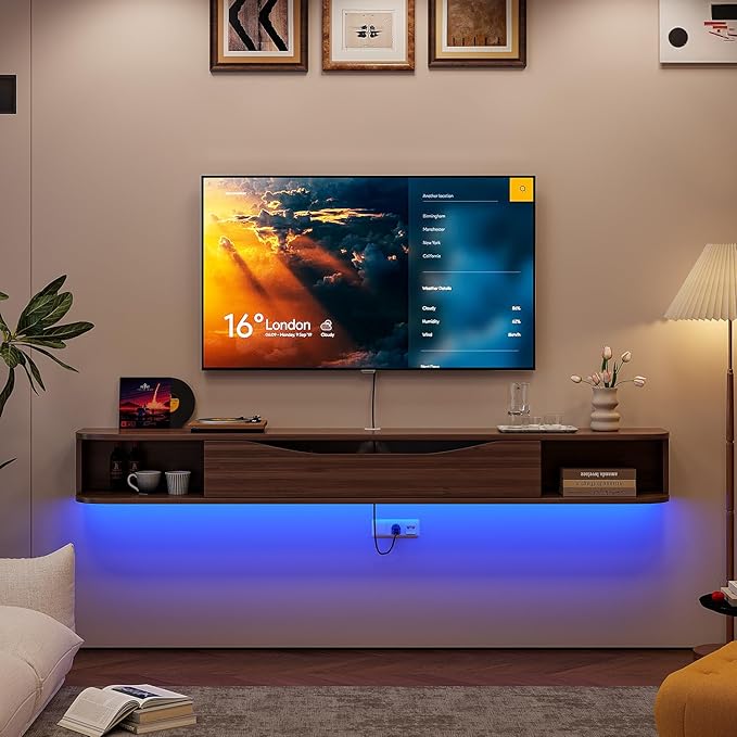 Floating TV Stand,70'' Wall Mounted TV Cabinet,Floating TV Console,Under TV Shelf with 1 Door and 2 Cabinets for TVs up to 75''(Walnut)