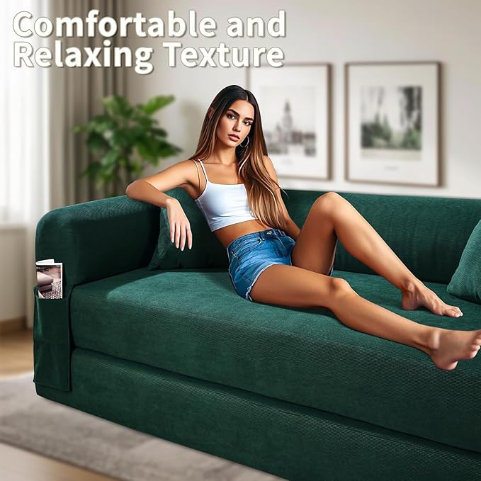 80" Convertible Sofa Bed, 3-in-1 Corduroy Folding Pull Out Couch with Pillows, No Assembly Modern Boneless Couch Compression Sofa in Box, Floor Sofa with Side Storage Pocket for Living Room,Dark Green