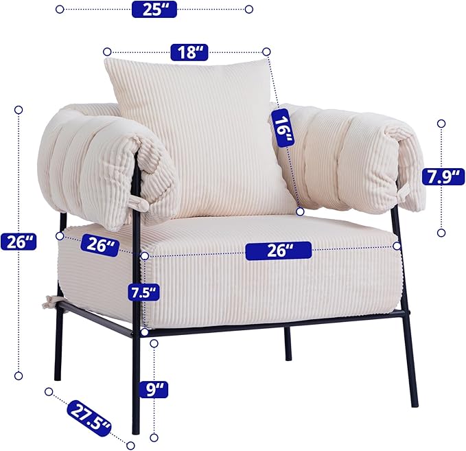 HollyHOME Modern Velvet Accent Chair, Upholstered Comfy Reading Chair, Fabric Large Lazy Arm Chair with Soft Cushion, Metal Frame Lounge Sofa Chair for Living Room, Bedroom, Balcony, Beige