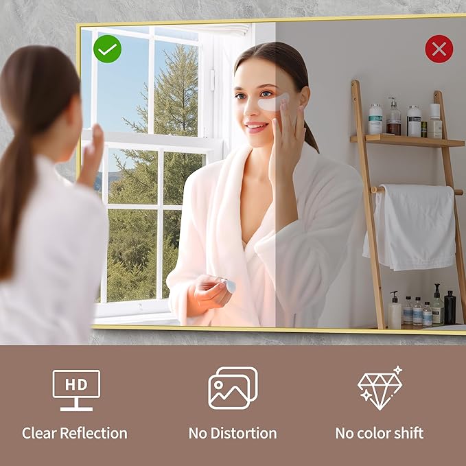 YIROMAN Bathroom Mirror 60"x36", Large Brushed Gold Bathroom Mirror for Over Sink with Aluminum Frame, Rectangular Vanity Mirror with Right Angle, Wall Mirror Hangs Horizontal or Vertical