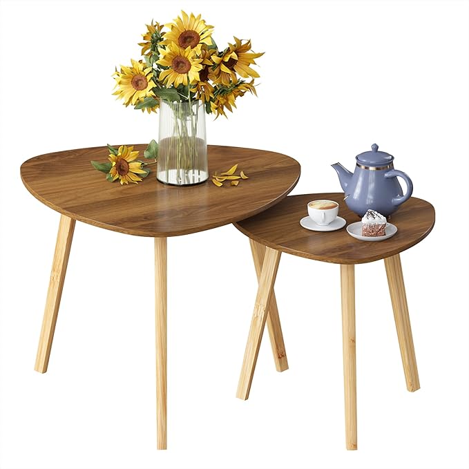 BAMEOS Bamboo Nesting Triangle End Table,Set of 2 Coffee Table Modern Minimalist Side Table for Living Room (Walunt)