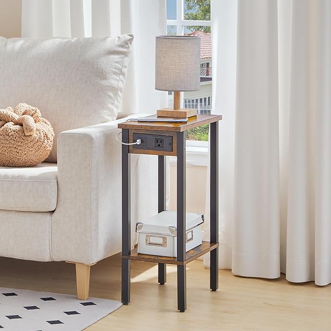 HOOBRO Small End Table with Charging Station, Narrow Side Table with USB Port and Outlets, Skinny Sofa Table, Slim Nightstand, Living Room, Bedroom, Rustic Brown and Black BF240UBZ01