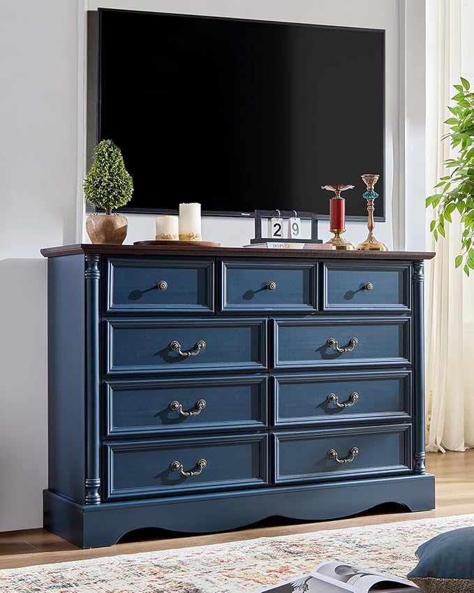 Farmhouse 9 Drawers Dresser for Bedroom with Charging Station, 54" Wide Wood Country Rustic Storage Dressers Organizer, Vintage Design Chest of Drawers TV Stand