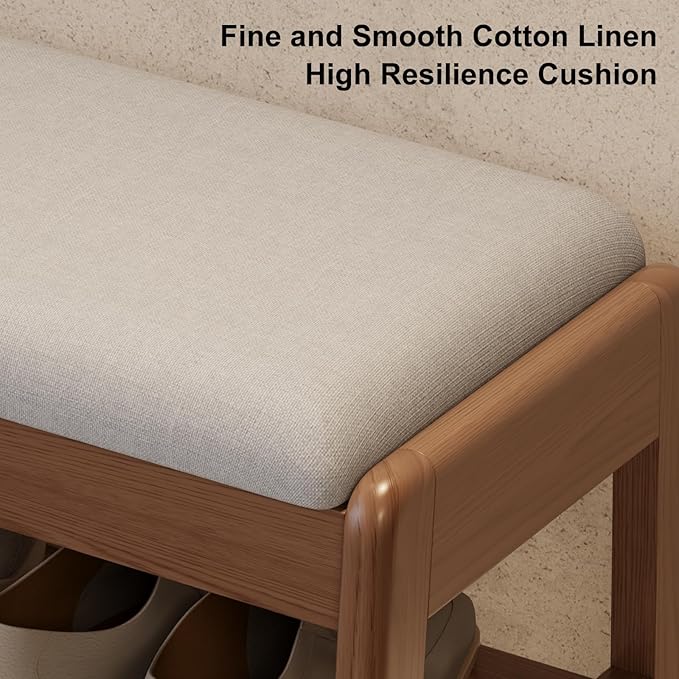 Shoe Rack Bench with Cushion, 2 Tiers Shoe Bench with Flip-Top Storage,Wood Shoe Rack for Entryway,Hallway（Walnut,39.3"）