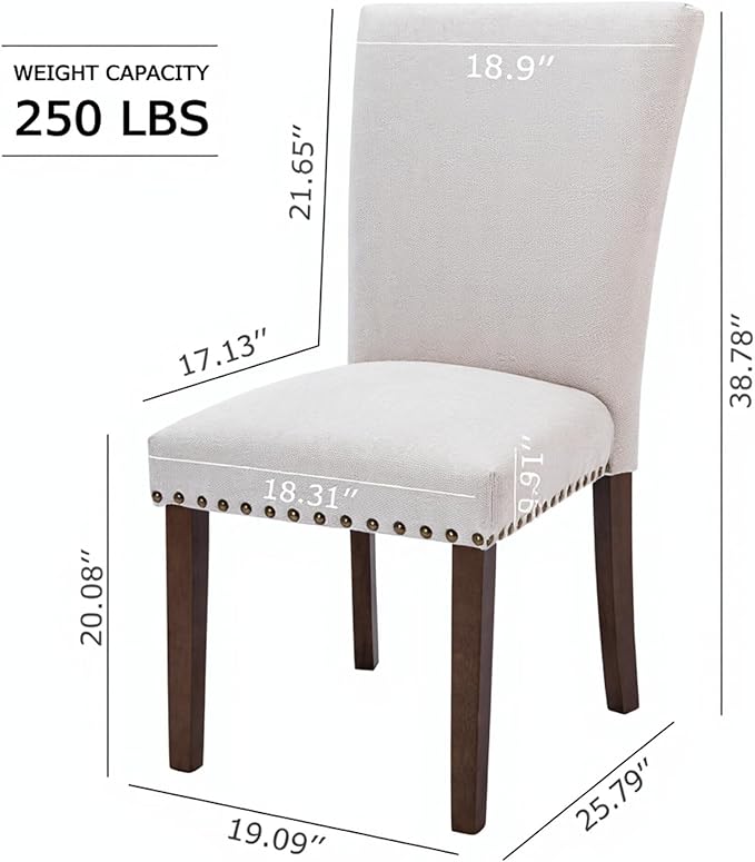 Set of 4 Beige Upholstered Dining Chairs – Farmhouse Kitchen Chairs with High Back, Solid Rubberwood Legs, Padded Foam Seat & Bronze Nailhead Trim, Comfortable Dining Room Chairs for Home, Living Room