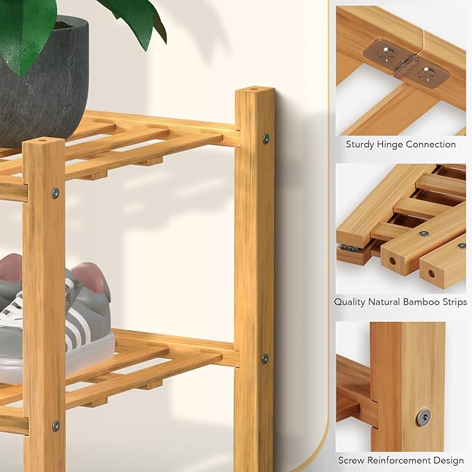 Haddockway 3 Tier Bamboo Shoe Rack Storage Organizer, Multifunctional Free Standing Stackable Shoe Shelf with Grid Panel for Closet,Hallway,Entryway,Small Space 27"x11"x20" (Natural, 3 Tier)