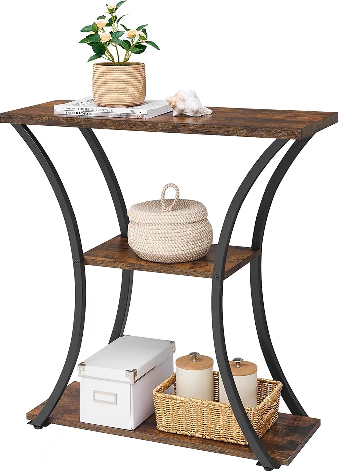 Hoctieon 3 Tier Console Table with Open Wood Shelves, Decorative Entryway Table with Curved Metal Frames, Narrow Sofa Table for Entrance, Living Room, Hallway, Rustic Brown+Black