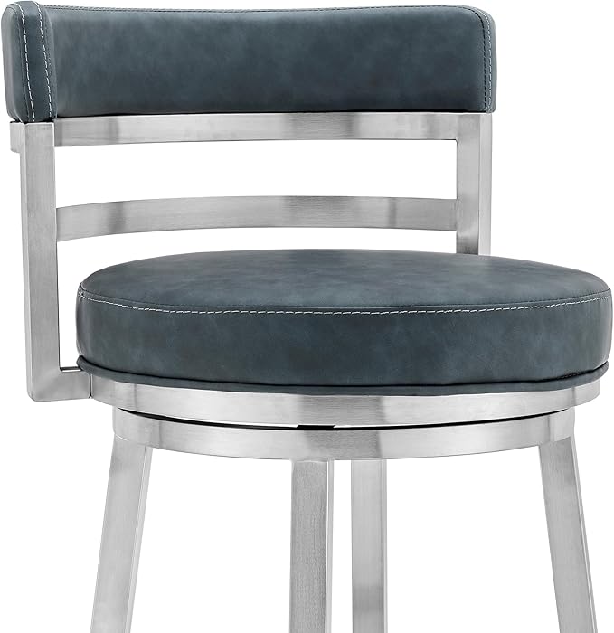 Armen Living Madrid 30" Seat Height Swivel Modern Blue Faux Leather and Brushed Stainless Steel Bar Stool for Kitchen Island Counter