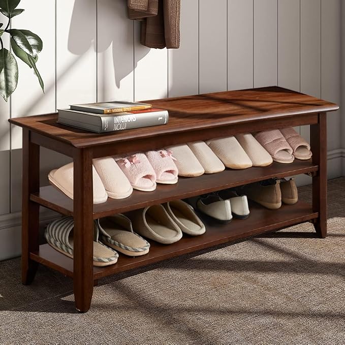 Shoe Bench with Storage for Entryway, 48", Shoe Rack Bench with 3-Tier Organizer Shelf for Hallway, Bedroom, Living Room, Solid Wood, Holds Up to 550Lbs, Dark Brown