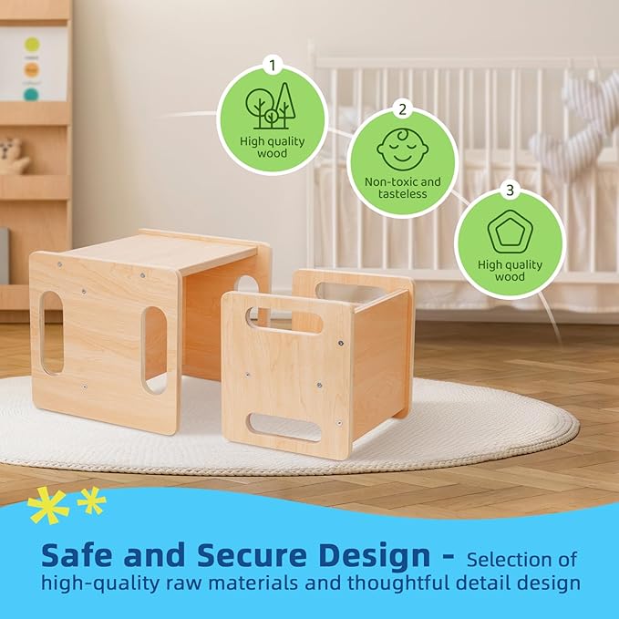 OOOK Montessori Weaning Table and Chair Set, Kids Activity Table and Chair Set with Fence for Read, Play Toys, Snack Time, Step Stool, 1-3 Year Old Kids Montessori Furniture