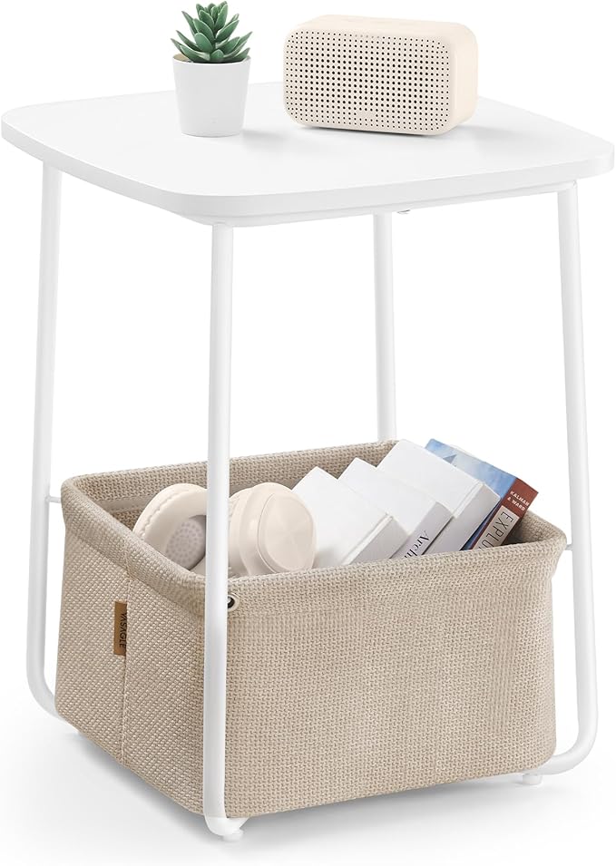 VASAGLE End Table, Side Table with Fabric Basket, Modern Nightstand, Square Bedside Table, for Living Room, Bedroom, Matte White and Camel Brown ULET229W10
