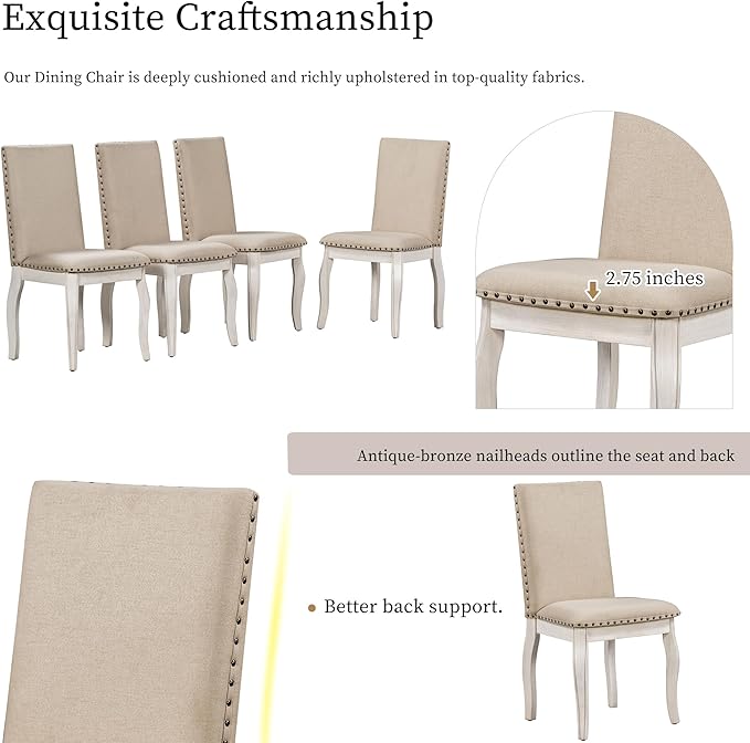 Merax 5-Piece Farmhouse Dining Furniture Set, Wooden Round Extendable Table, and 4 Upholstered Chairs, Antique White
