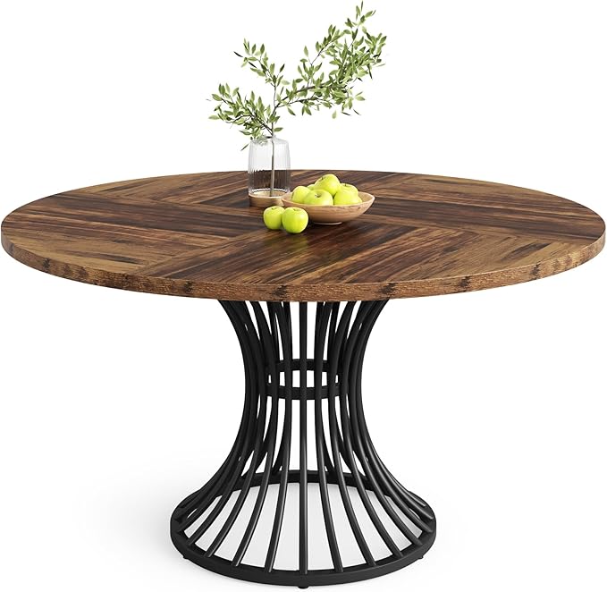 Tribesigns Round Dining Table for 4-6 People, 47-Inch Farmhouse Dinning Room Circle Kitchen Table, Industrial Dinner Table with Metal Base for Kitchen, Living Room, Black and Brown