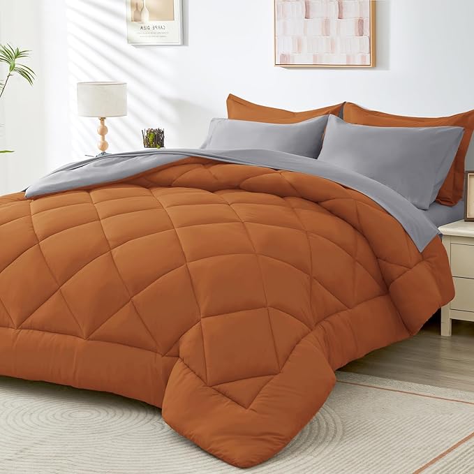 HEVUMYI Twin-XL Comforter Set - 5-Piece All Season Bed in a Bag Twin-XL, Ultra Soft Bedding Set with Comforter, Flat Sheet, Fitted Sheet, Pillowcases, Pillow Shams, Orange & Light Grey