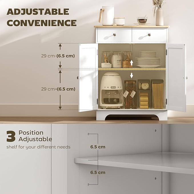 HOMCOM Sideboard with Solid Wood Countertop, Modern Kitchen Storage Cabinet, Coffee Bar Cabinet with 2 Drawers, Doors and Adjustable Shelf, White