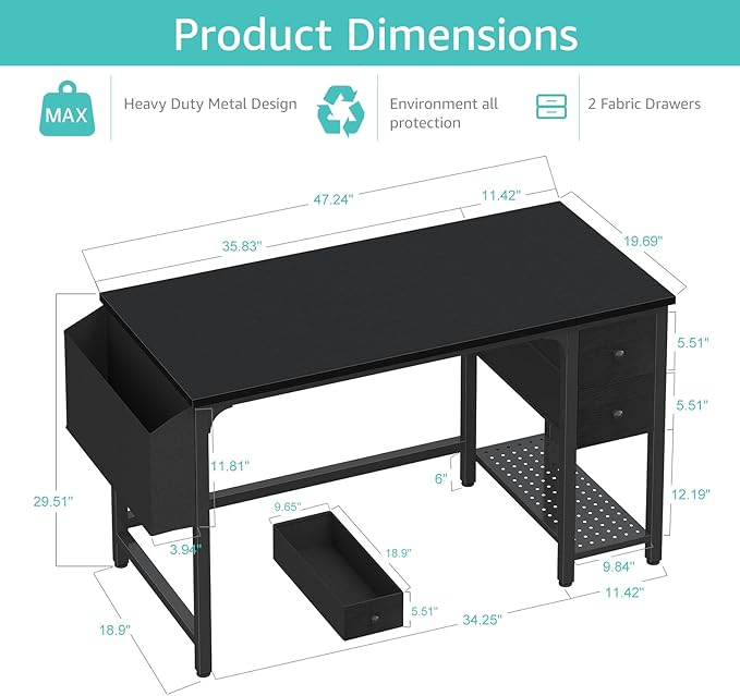 Lufeiya Gaming Desk with Fabric Drawers, 47 Inch Computer Desk for Home Office, Modern Simple Study Writing Table PC Desks for Bedroom, Black