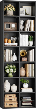 FOTOSOK 71'' Tall Bookshelf, Double Wide Media Tower Rack CD DVD Rack Display Cabinet with Adjustable Shelves, Tall Narrow Bookcase Black Bookshelf for Home Office, Black