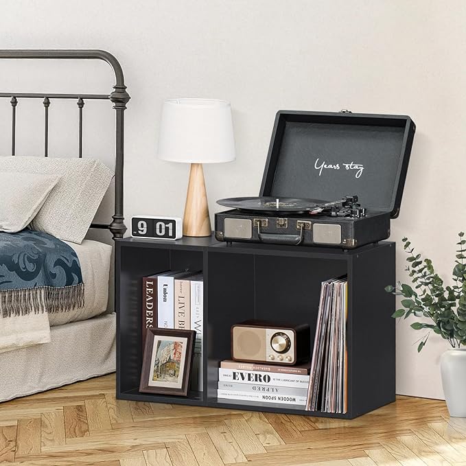 YAHARBO 2 Cube Bookshelf, Black Record Player Stand with Vinyl Storage Up to 100 Albums, Horizontal Book Shelf, Small Cubby Bookcase with Storage Organizer, Turntable Stand for Living Room, Bedroom