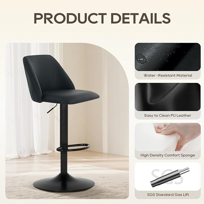 COLAMY Bar Stools Set of 2, Modern Swivel Bar Chairs, Adjustable PU Leather Upholstered Barstools Counter Height with Full Backrest for Bar, Dining Room, Kitchen Island, Black