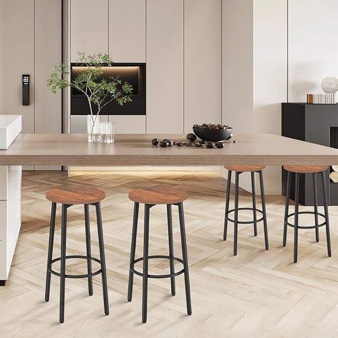 Athena Collection Bar Stools Set of 2, 25.5 Inches Round Counter Height Bar Stools Backless with Metal Legs and Footrest, Wood Barstools for Home, Kitchen Island, Counter, Brown