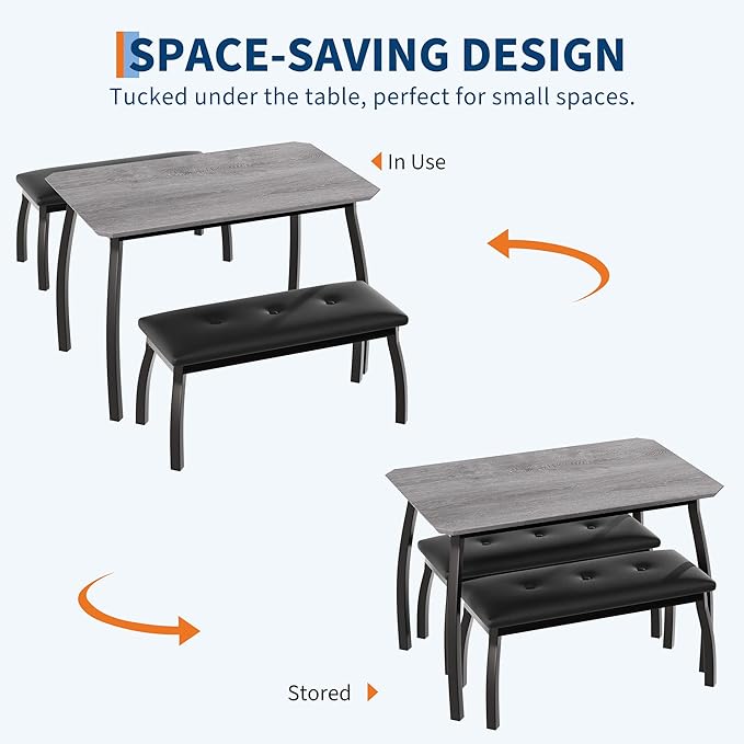 GAOMON Dining Table Set for 4, Metal Frame Kitchen, 3 Piece Dining Room Table Furniture for Apartment, Studio, Home, Easy Assembly, Grey