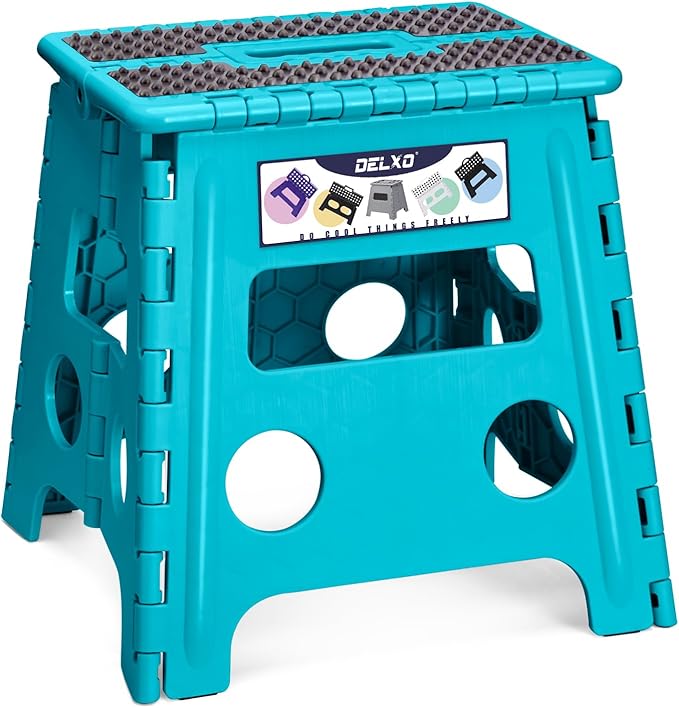 Delxo Folding Step Stool 13 Inch Non-Slip Foldable Stools Up to 300 LBS Kitchen Collapsible Fold Up Stepping Stool with Dotted 1 Pack Blue
