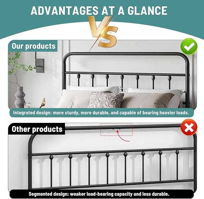 Queen Bed Frame-Classic Metal Platform Bed Frame Mattress Foundation with Victorian Style Iron-Art Headboard/Footboard/Under Bed Storage/No Box Spring Needed/Black