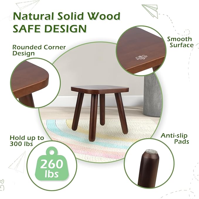 BEE&OAK Wooden Step Stools for Adults, Solid Rubber Wood Non-Slip Step Foot Stool, Heavy Duty 300 lbs One Step Stool for Bedroom, Bathroom, Kitchen (Dark-Walnut, 9.25" (D) x 9.25"(W) x 8.86"(H))