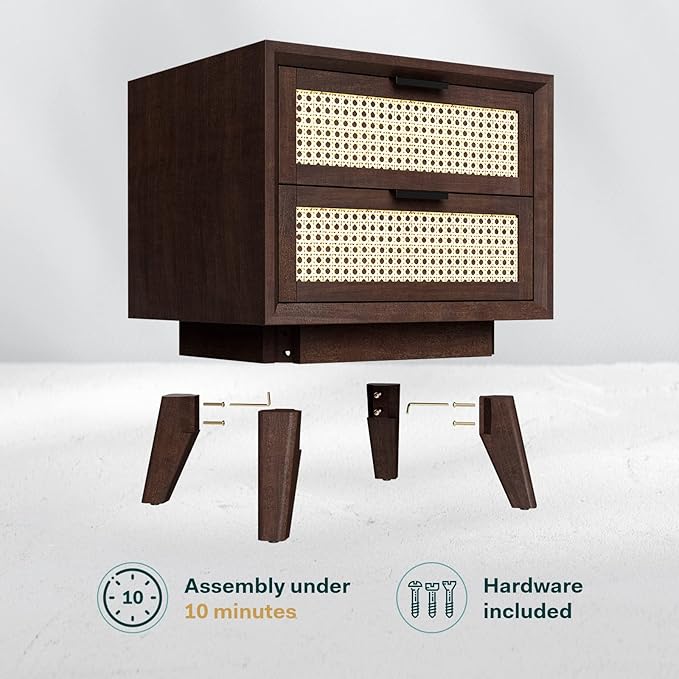 Bme Jasper Deluxe Solid Wood Rattan Nightstand Fully Assembled-Mid Century Modern Side Table with 2 Drawers-Multipurpose use for Living Room, Bedroom-Walnut