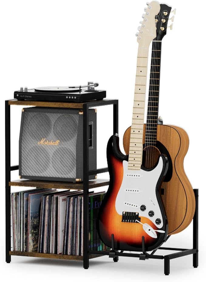 End Table with Guitar Stand,Record Player Stand,Vinyl Records Storage,2-Tier Guitar Stand for Acoustic,Turntable Stand for Music Studio-Brown