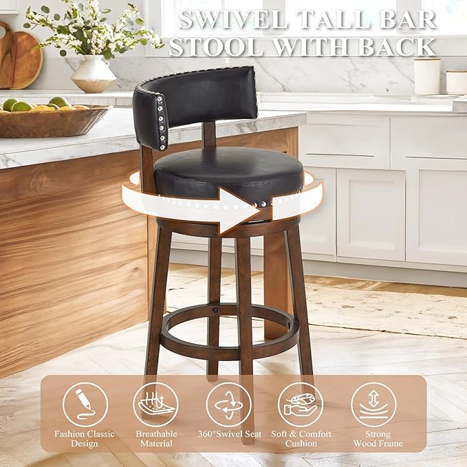 COLAMY Swivel Bar Stools Set of 2, 30 Inch Swivel Bar Height Bar Stools, Wood Swivel Barstools with Back, Modern Upholstered Wooden Barstools for Kitchen Island Dining Room Bar, Dark Brown