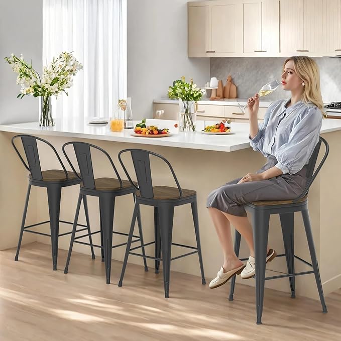 30” Swivel Bar Stools Set of 4, Counter Height Bar Stools Wooden Seat, Metal Industrial Bar Chairs with High Back for Kitchen Island (Black)