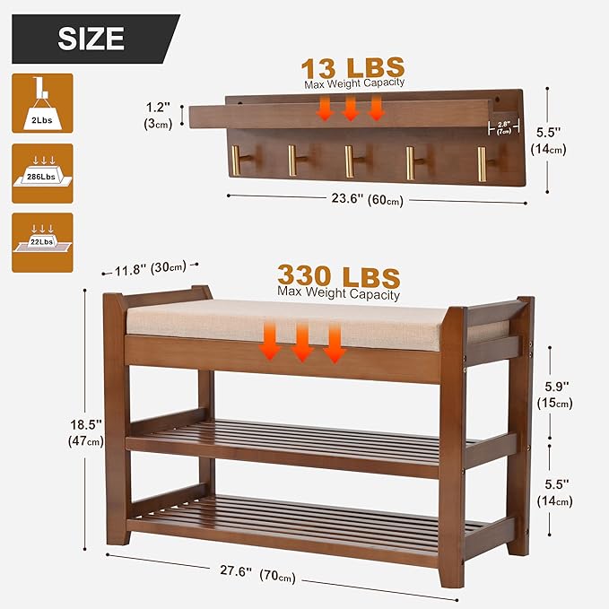 Shoe Rack for Front Door Entrance, 28” Entryway Bench with Coat Rack, Hall Tree Shoe Bench with Storage for Entry, Hallway, Bedroom, Living Room