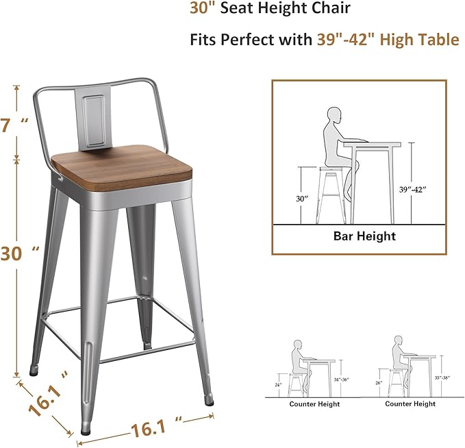 WENTMENT Bar Stools Set of 4 Counter Height Stools with Removable Back 30" Kitchen Bar Stools with Wooden Seat, Silver