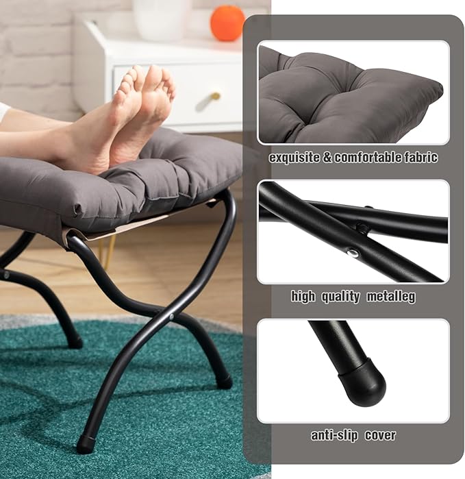HollyHOME 15"(H) Folding Footrest Stool, Upholstered Small Foldable Ottoman, Accent Padded Sofa Foot Stool for Lazy Chair, Metal Frame Portable Foot Rest Ottoman for Living Room, Bedroom, Dark Grey