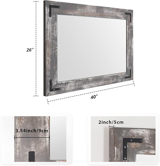 YOSHOOT Rustic Wooden Framed Wall Mirror, 40"x26", Natural Wood Bathroom Vanity Mirror for Farmhouse Decor, Vertical or Horizontal Hanging